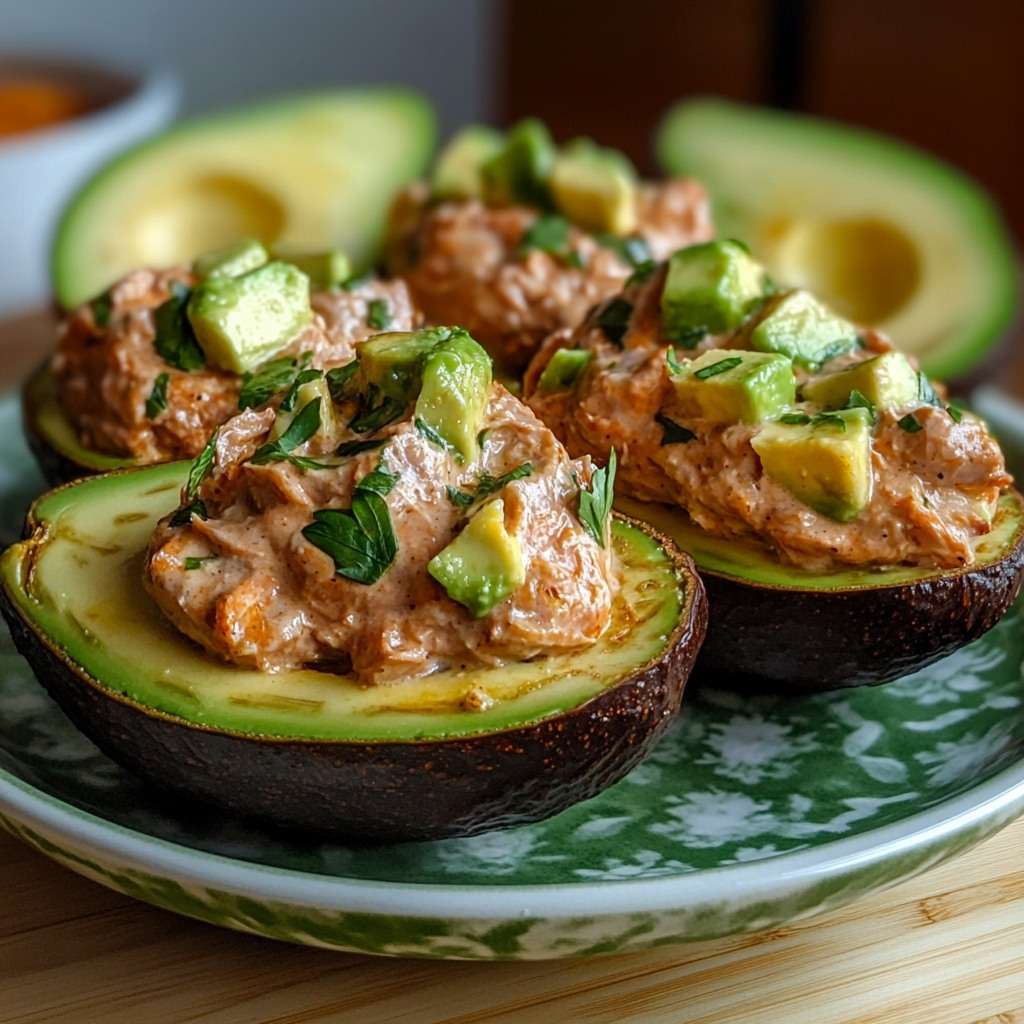 Avocats farcis au thon crémeux avec herbes fraîches, dés d’avocat sur le dessus et assaisonnement citronné, servis bien frais.