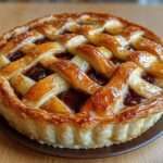 Tarte feuilletée aux pommes et caramel avec treillis doré sur le dessus, garniture fondante visible entre les croisillons, servie tiède sur un plat rond.