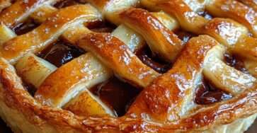 Tarte feuilletée aux pommes et caramel avec treillis doré sur le dessus, garniture fondante visible entre les croisillons, servie tiède sur un plat rond.