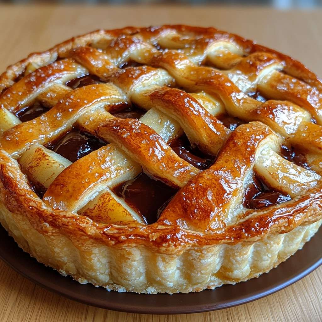 Tarte feuilletée aux pommes et caramel avec treillis doré sur le dessus, garniture fondante visible entre les croisillons, servie tiède sur un plat rond.