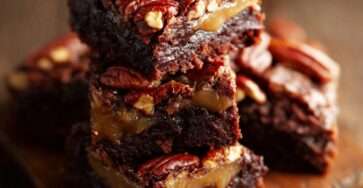 Brownies fondants au chocolat noir avec marbrures de caramel beurre salé et noix de pécan croquantes sur le dessus.