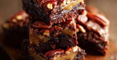 Brownies fondants au chocolat noir avec marbrures de caramel beurre salé et noix de pécan croquantes sur le dessus.