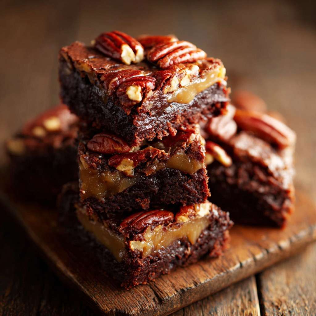 Brownies fondants au chocolat noir avec marbrures de caramel beurre salé et noix de pécan croquantes sur le dessus.