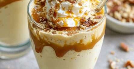 Verrines dessert à la mousse vanille mascarpone, caramel au beurre salé et noix de pécan concassées, finition brillante et gourmande.