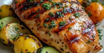 Blanc de poulet grillé mariné au citron et aux herbes, servi avec courgettes et tomates rôties dorées au four.