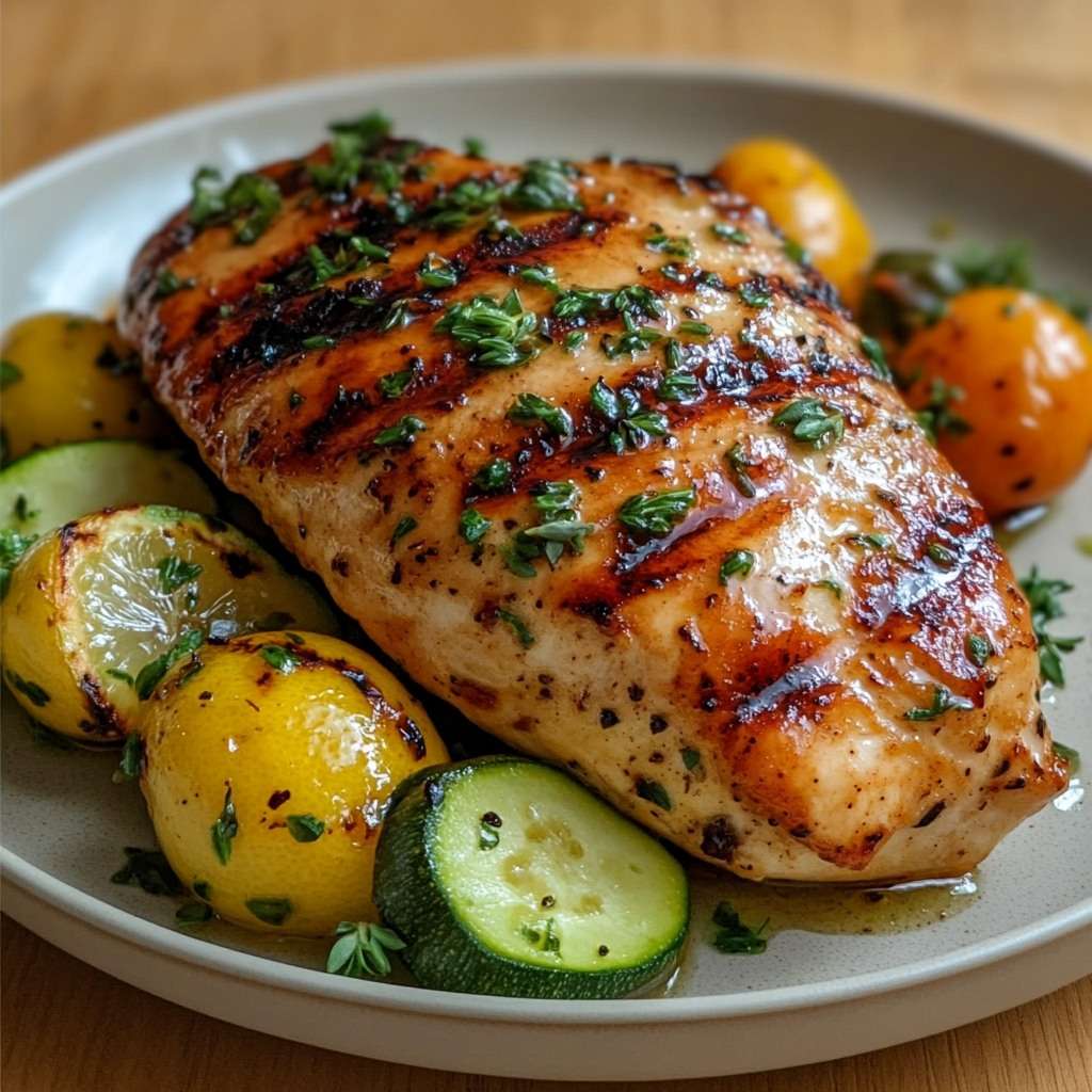Blanc de poulet grillé mariné au citron et aux herbes, servi avec courgettes et tomates rôties dorées au four.