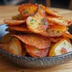 Chips de pommes de terre maison au four, fines et croustillantes, dorées à l’huile d’olive, assaisonnées d’épices et de persil frais.