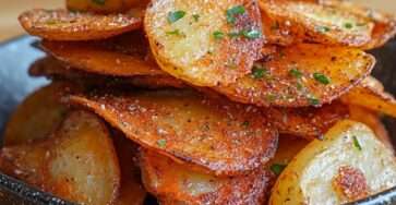 Chips de pommes de terre maison au four, fines et croustillantes, dorées à l’huile d’olive, assaisonnées d’épices et de persil frais.