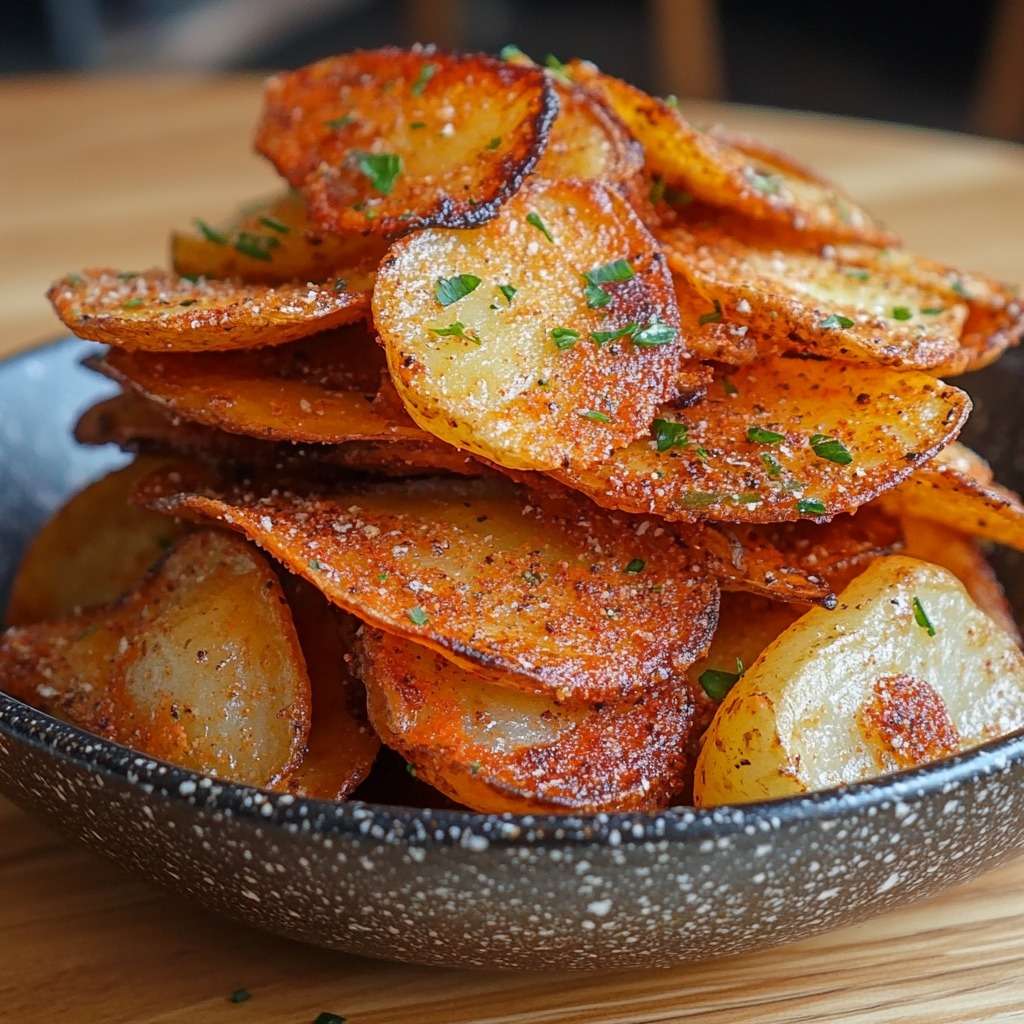 Chips de pommes de terre maison au four, fines et croustillantes, dorées à l’huile d’olive, assaisonnées d’épices et de persil frais.