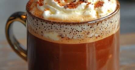 Chocolat chaud maison onctueux au chocolat noir, surmonté de crème fouettée, copeaux de chocolat et cacao saupoudré.