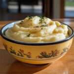 Purée de pommes de terre maison onctueuse et crémeuse, parsemée de persil frais et servie chaude dans un plat.