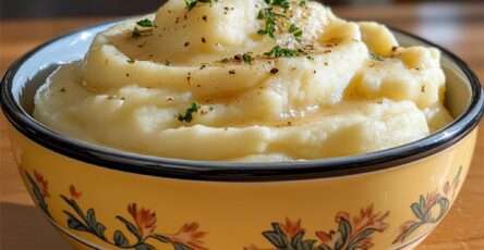 Purée de pommes de terre maison onctueuse et crémeuse, parsemée de persil frais et servie chaude dans un plat.