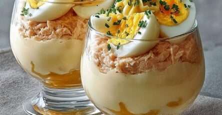 Verrines thon aux œufs mimosa avec crème mayonnaise et ciboulette fraîche.