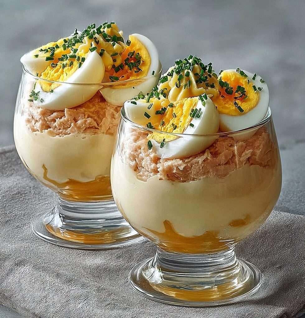 Verrines thon aux œufs mimosa avec crème mayonnaise et ciboulette fraîche.