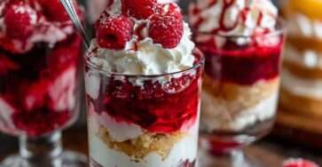 Verrines en verre composées de couches de crème vanillée, biscuits sablés émiettés, gelée de framboise et framboises fraîches entières sur le dessus.