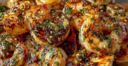 Crevettes sautées dorées à l’ail et aux herbes fraîches dans une poêle, texture brillante et légèrement caramélisée, servies chaudes avec persil ciselé