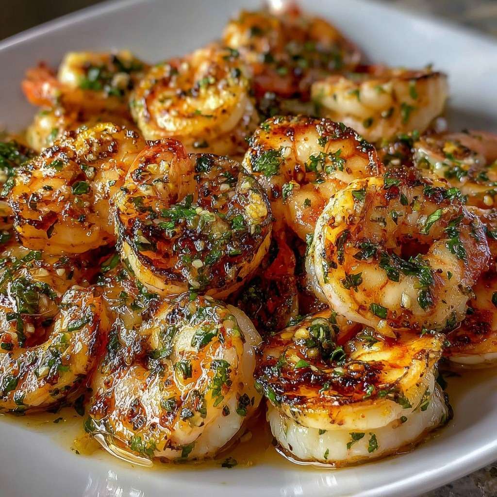 Crevettes sautées dorées à l’ail et aux herbes fraîches dans une poêle, texture brillante et légèrement caramélisée, servies chaudes avec persil ciselé