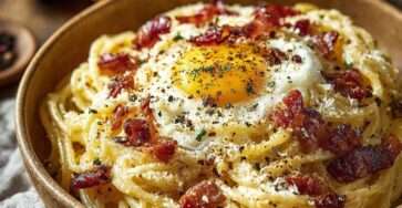 Spaghetti carbonara traditionnelle avec guanciale croustillant, sauce crémeuse aux œufs et pecorino, poivre noir fraîchement moulu, servis chauds