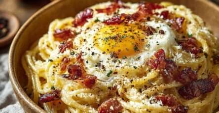 Spaghetti carbonara traditionnelle avec guanciale croustillant, sauce crémeuse aux œufs et pecorino, poivre noir fraîchement moulu, servis chauds