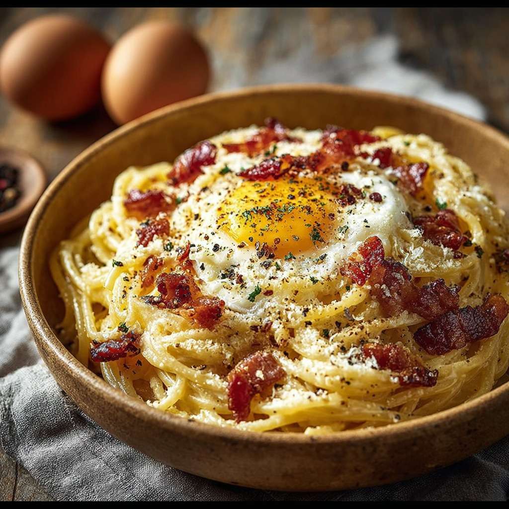 Spaghetti carbonara traditionnelle avec guanciale croustillant, sauce crémeuse aux œufs et pecorino, poivre noir fraîchement moulu, servis chauds