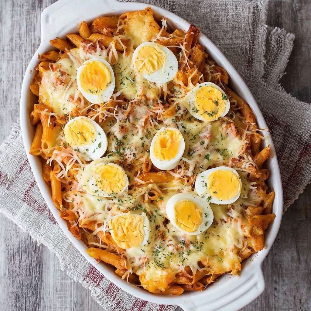 Gratin de penne aux œufs durs et fromage fondant, pâtes nappées de sauce tomate, œufs en rondelles visibles sur le dessus, surface dorée et gratinée