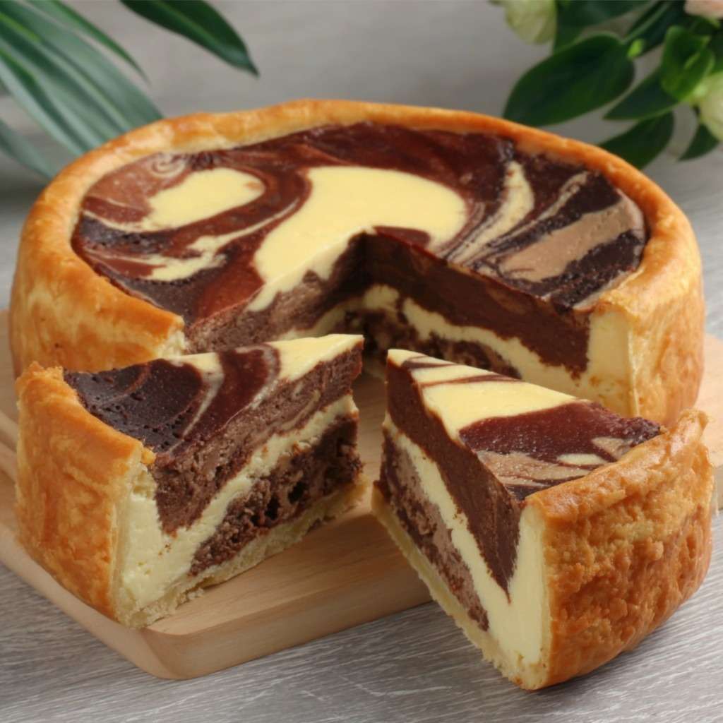 Flan marbré vanille chocolat avec motif spiralé visible, texture crémeuse et fondante, base de pâte dorée, servi en part sur assiette