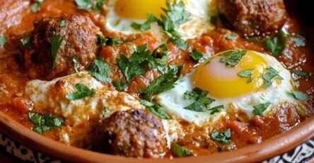 Chakchouka kefta aux œufs mijotés dans une sauce tomate épicée, boulettes de viande dorées, œufs coulants, persil frais et plat servi chaud