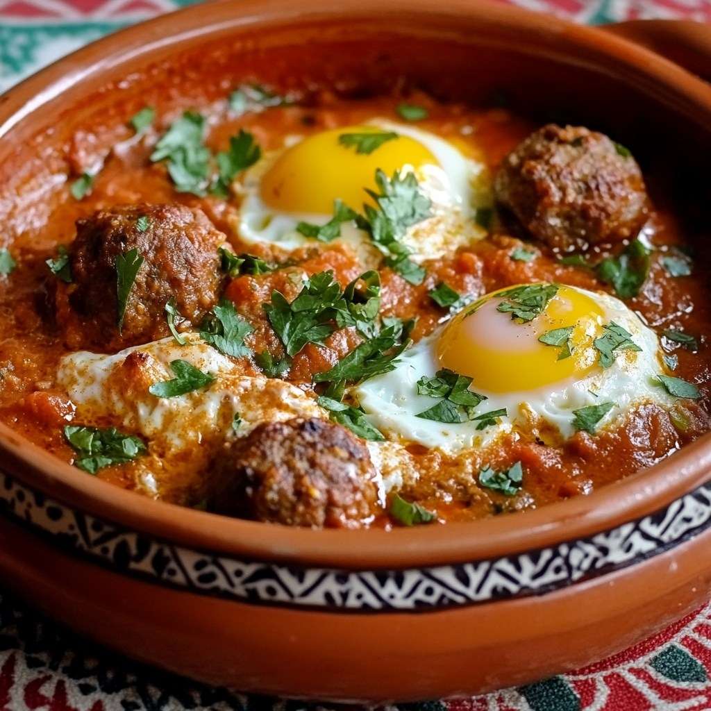 Chakchouka kefta aux œufs mijotés dans une sauce tomate épicée, boulettes de viande dorées, œufs coulants, persil frais et plat servi chaud