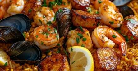 Paella aux fruits de mer safranée avec crevettes, moules et Saint-Jacques, riz jaune doré au safran, persil frais et quartiers de citron servis chaud