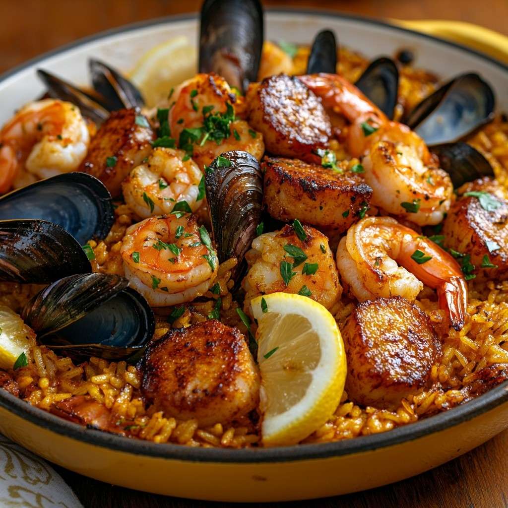 Paella aux fruits de mer safranée avec crevettes, moules et Saint-Jacques, riz jaune doré au safran, persil frais et quartiers de citron servis chaud
