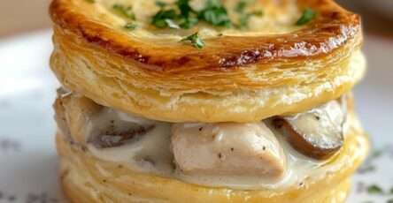 Vol-au-vent au poulet et champignons à la crème avec pâte feuilletée dorée et croustillante, garniture crémeuse au poulet et champignons, persil frais en finition