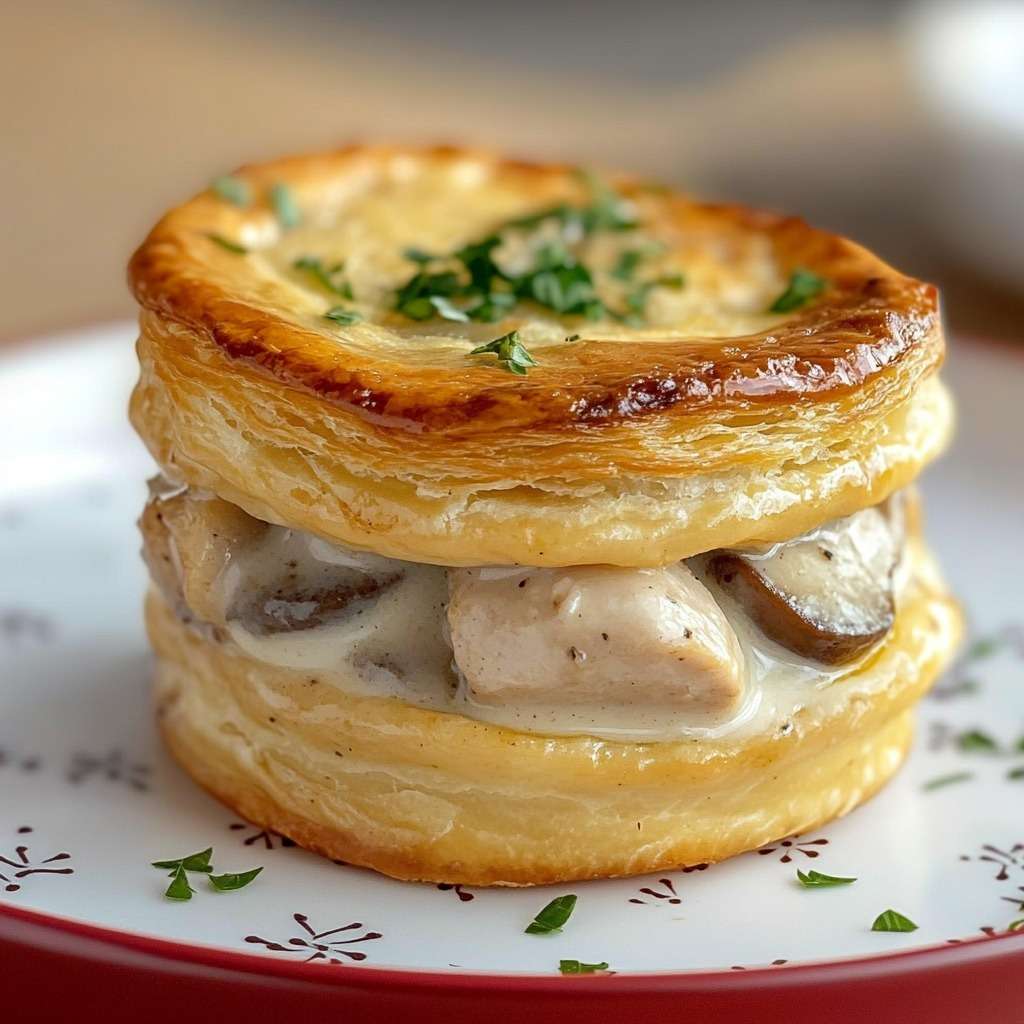 Vol-au-vent au poulet et champignons à la crème avec pâte feuilletée dorée et croustillante, garniture crémeuse au poulet et champignons, persil frais en finition