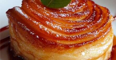 Rose de pommes feuilletée dorée au four avec tranches de pommes rouges en spirale, pâte croustillante, nappage caramel brillant et sucre glace