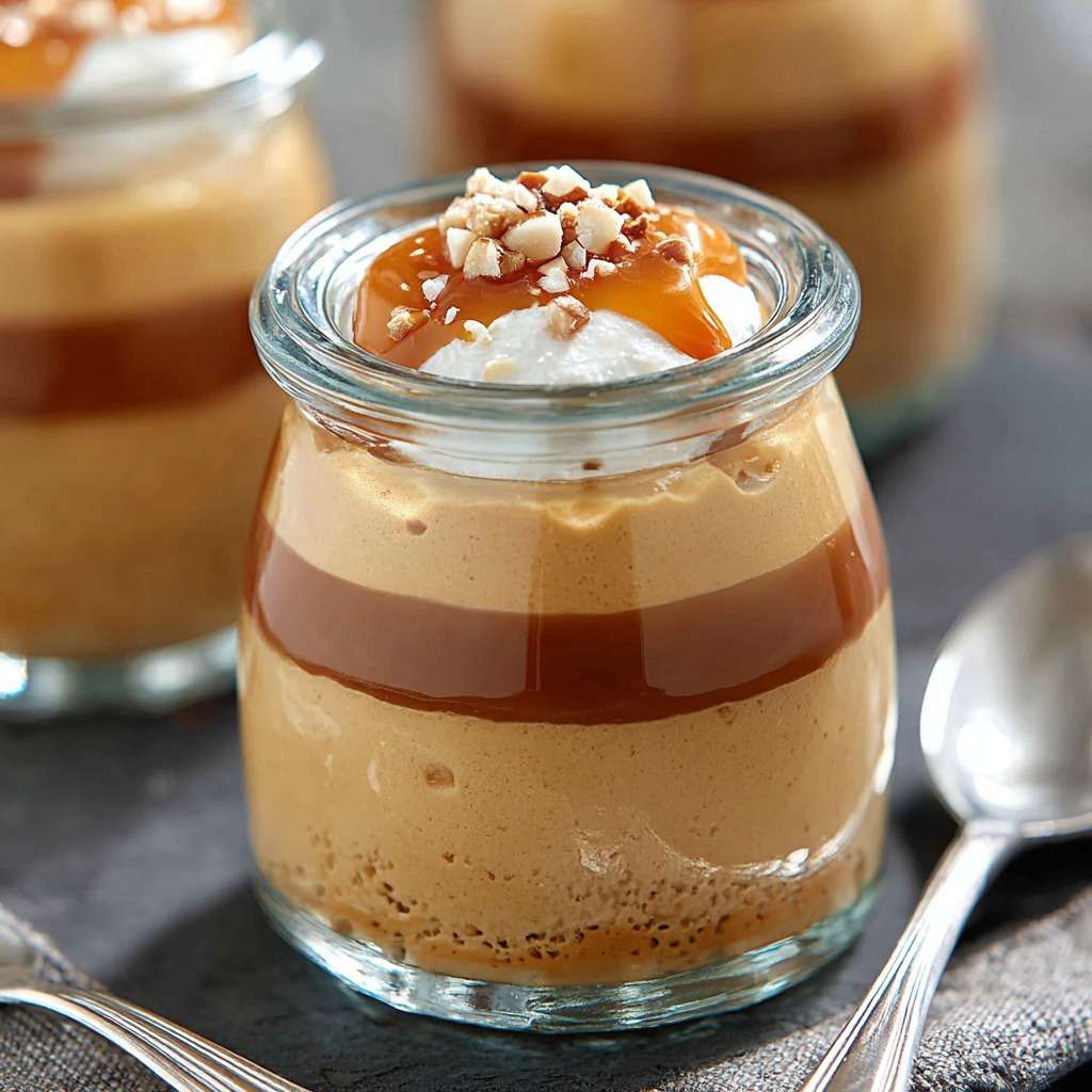 Crème dessert café et caramel en pot en verre, couche de crème café onctueuse, nappage caramel brillant, chantilly légère et éclats d’amandes croquantes