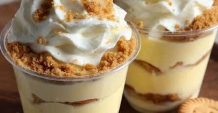 Crème dessert vanille et biscuits façon cheesecake en verrines, couches de crème onctueuse, biscuits émiettés croustillants et chantilly aérienne sur le dessus