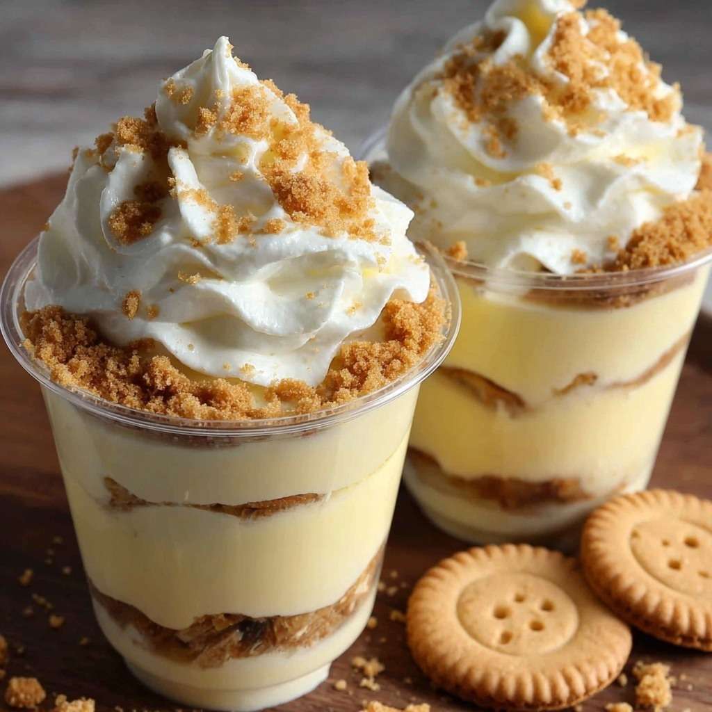 Crème dessert vanille et biscuits façon cheesecake en verrines, couches de crème onctueuse, biscuits émiettés croustillants et chantilly aérienne sur le dessus