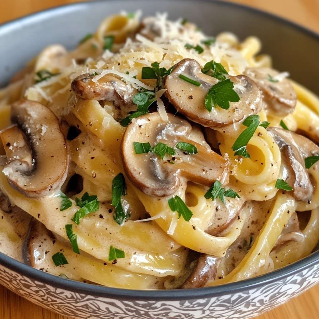 Pâtes crémeuses aux champignons de Paris et parmesan râpé, sauce onctueuse brillante, persil frais ciselé et poivre noir sur le dessus