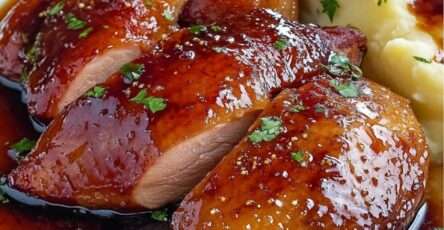 Magret de canard au miel tranché en lamelles rosées, sauce miel soja brillante nappante, purée de pommes de terre crémeuse en accompagnement