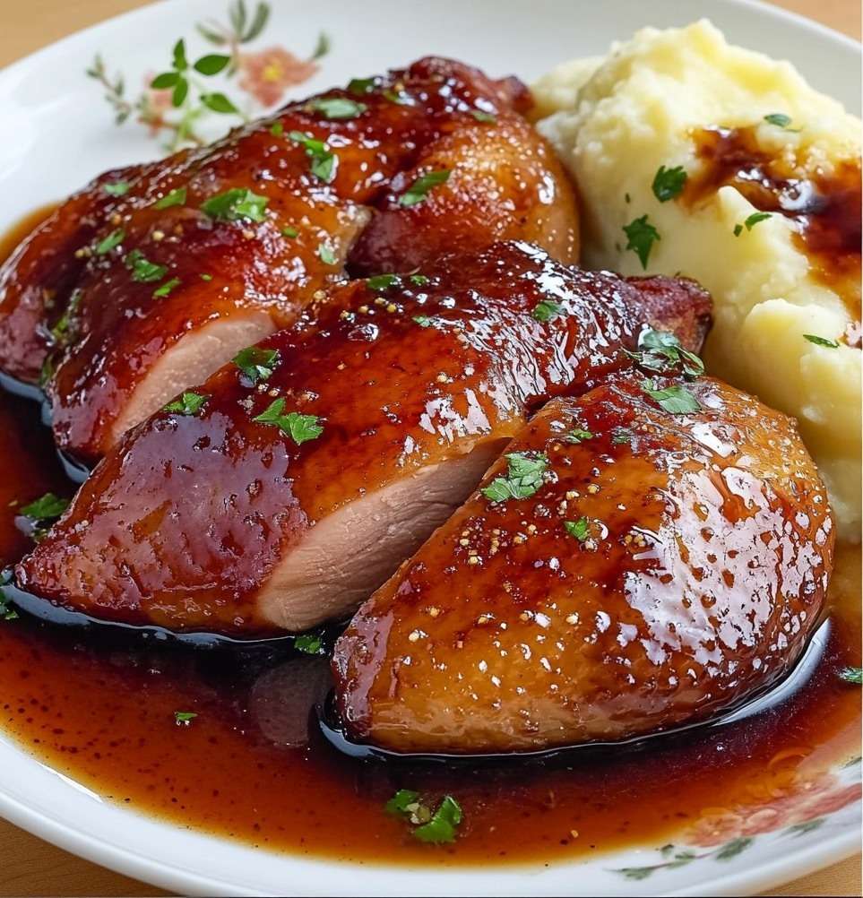Magret de canard au miel tranché en lamelles rosées, sauce miel soja brillante nappante, purée de pommes de terre crémeuse en accompagnement
