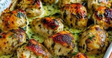 Cassolette de poulet à la moutarde ancienne gratinée au four avec sauce crémeuse, persil frais et morceaux de poulet dorés servis dans un plat en céramique