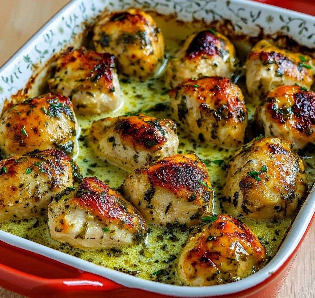 Cassolette de poulet à la moutarde ancienne gratinée au four avec sauce crémeuse, persil frais et morceaux de poulet dorés servis dans un plat en céramique