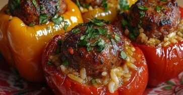 Poivrons farcis à la viande hachée et riz, gratinés au fromage, cuits au four dans une sauce tomate maison et parsemés de persil frais