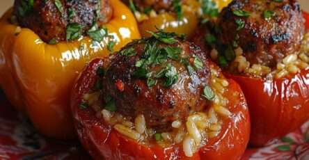 Poivrons farcis à la viande hachée et riz, gratinés au fromage, cuits au four dans une sauce tomate maison et parsemés de persil frais