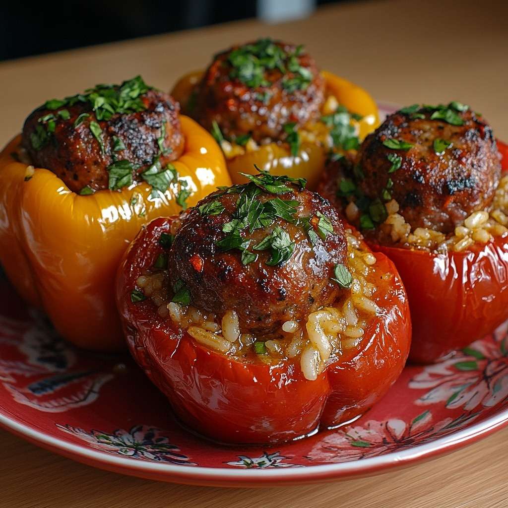 Poivrons farcis à la viande hachée et riz, gratinés au fromage, cuits au four dans une sauce tomate maison et parsemés de persil frais
