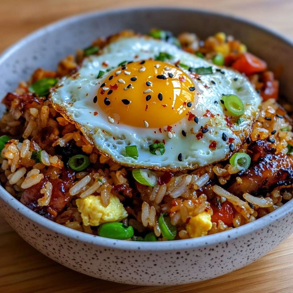 Bol de riz frit au bacon croustillant avec légumes, œuf au plat au jaune coulant et graines de sésame, servi bien chaud