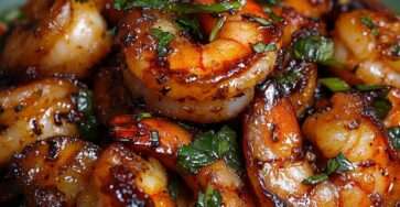 Crevettes grillées épicées au paprika et citron, nappées d’une sauce brillante à l’ail et parsemées de persil frais, servies bien chaudes