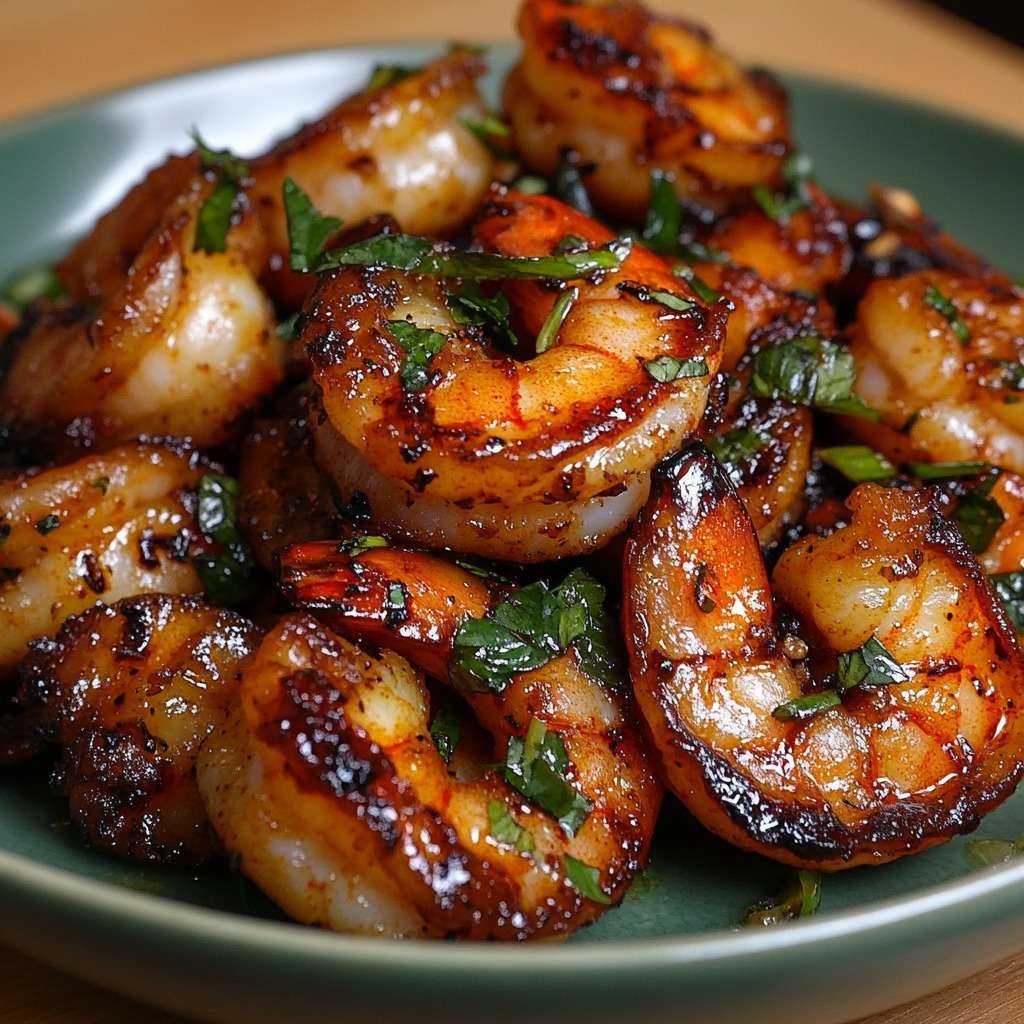 Crevettes grillées épicées au paprika et citron, nappées d’une sauce brillante à l’ail et parsemées de persil frais, servies bien chaudes