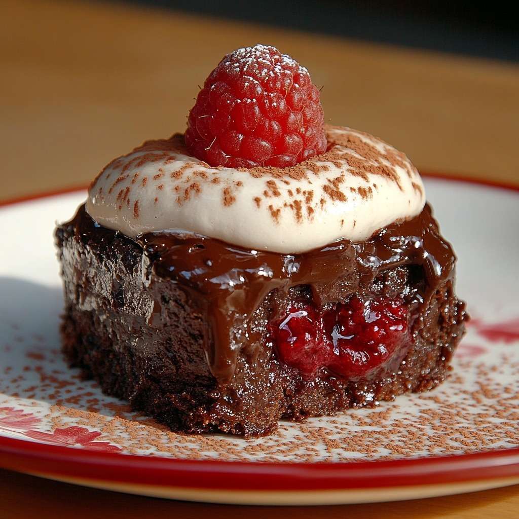 Brownie fondant au chocolat noir avec cœur coulant caramel et framboises fraîches, servi avec chantilly maison et cacao saupoudré