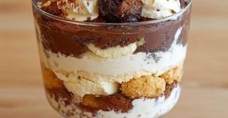 Verrines de tiramisu chocolat avec couches de biscuits imbibés, crème mascarpone onctueuse, ganache chocolat noir et cacao saupoudré