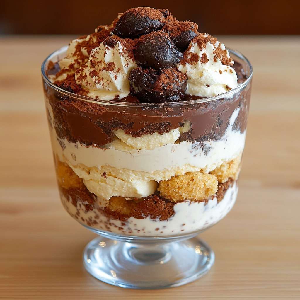 Verrines de tiramisu chocolat avec couches de biscuits imbibés, crème mascarpone onctueuse, ganache chocolat noir et cacao saupoudré